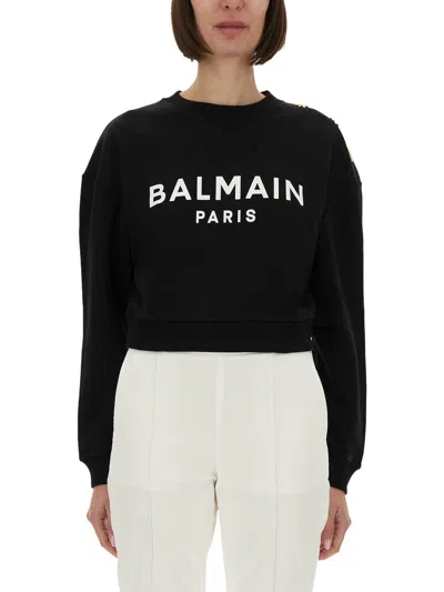 Balmain Biologic Cotton Sweatshirt With Frontal Logo In Black