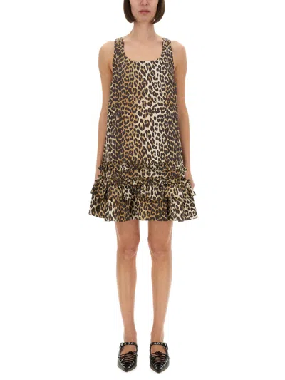 Ganni Leopard Printed Sleeveless Mini Dress In Animal Print