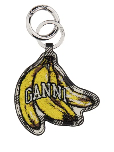 Ganni Multicolor Banana Shaped Keyring With Logo Lettering On The Front In Leather And Tech Fabric Woman In Metallic