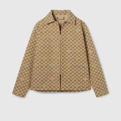 Gucci Beige Shirt With Spread Collar And Two Front Welt Pockets In Gg Canvas Man In Brown