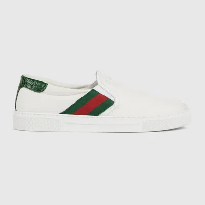 Gucci Ace Leather Sneakers With Lateral Web Band In White