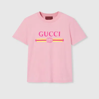 Gucci Women Pink Crewneck T-shirt With Logo Print On The Front In Cotton Woman