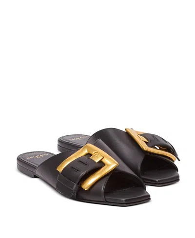 Balmain Anthem Flat Leather Sandals In Black