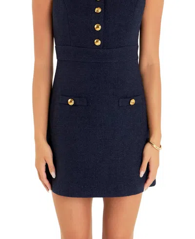 English Factory Gold Button Pointed Tweed Dress In Navy