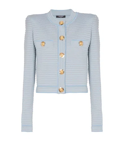 Balmain Long Sleeved Textured Knit Cardigan In Blue