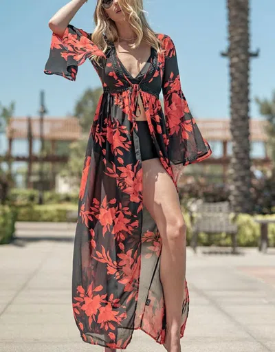 Trend:notes Floral Print Maxi Coverup Cardigan In Red