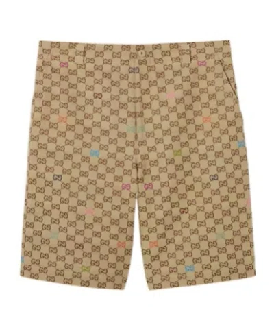 Gucci Men Beige Bermuda Pants With Belt Loops In Gg Canvas Man In Multi