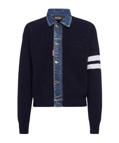 Dsquared2 Men Blue Cardigan With Denim Panels And Striped Details On The Sleeve In Wool And Cashmere In Blue