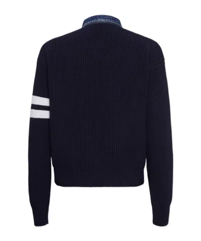 Dsquared2 Men Blue Cardigan With Denim Panels And Striped Details On The Sleeve In Wool And Cashmere In Blue