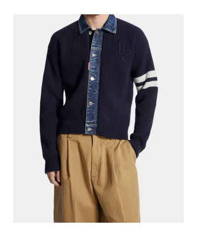 Dsquared2 Men Blue Cardigan With Denim Panels And Striped Details On The Sleeve In Wool And Cashmere In Blue
