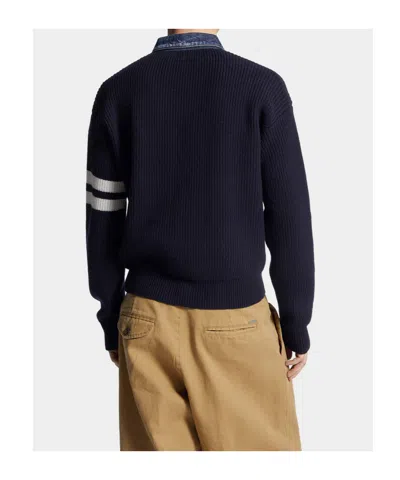 Dsquared2 Men Blue Cardigan With Denim Panels And Striped Details On The Sleeve In Wool And Cashmere In Blue