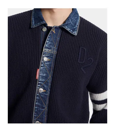 Dsquared2 Men Blue Cardigan With Denim Panels And Striped Details On The Sleeve In Wool And Cashmere In Blue