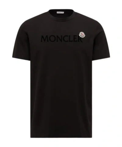 Moncler Flocked Logo Cotton T-shirt In Black