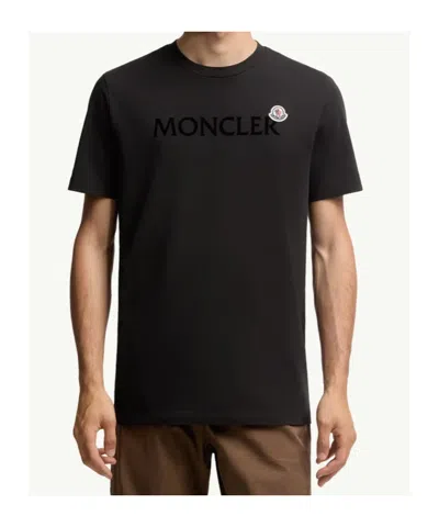 Moncler Flocked Logo Cotton T-shirt In Black