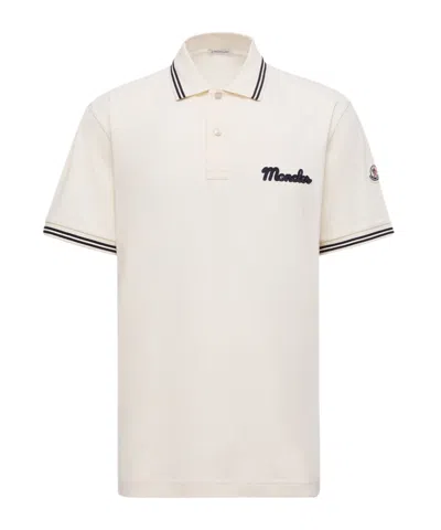 Moncler Mens Logo-embroidery Stripe-trim Cotton-jersey Polo Shirt Cream In Neutral