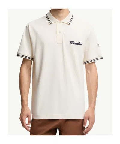 Moncler Mens Logo-embroidery Stripe-trim Cotton-jersey Polo Shirt Cream In Neutral