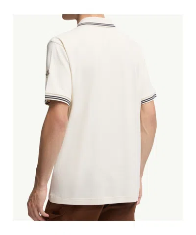 Moncler Mens Logo-embroidery Stripe-trim Cotton-jersey Polo Shirt Cream In Neutral