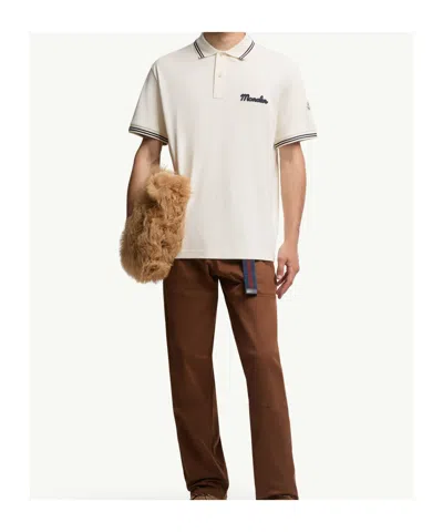 Moncler Mens Logo-embroidery Stripe-trim Cotton-jersey Polo Shirt Cream In Neutral