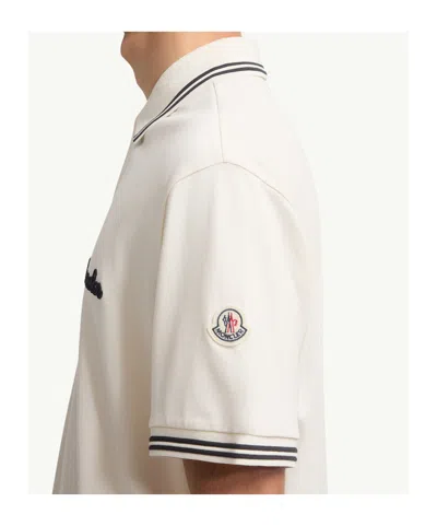 Moncler Mens Logo-embroidery Stripe-trim Cotton-jersey Polo Shirt Cream In Neutral