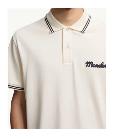 Moncler Mens Logo-embroidery Stripe-trim Cotton-jersey Polo Shirt Cream In Neutral