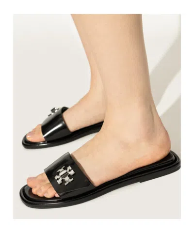 Tory Burch Turnlock Logo Leather Slides In Black