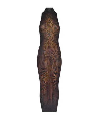 Jean Paul Gaultier Long Dress In Multicolor Mesh With High Neck And Sleeveless Design In Brown