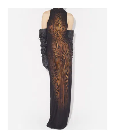 Jean Paul Gaultier Long Dress In Multicolor Mesh With High Neck And Sleeveless Design In Brown