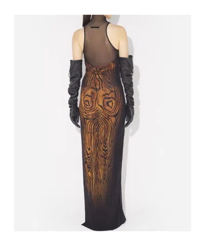Jean Paul Gaultier Long Dress In Multicolor Mesh With High Neck And Sleeveless Design In Brown
