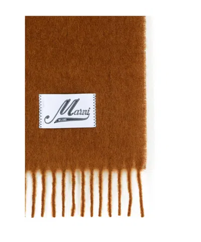 Marni Brown Brushed Alpaca Blend Scarf With Fringes In Brown