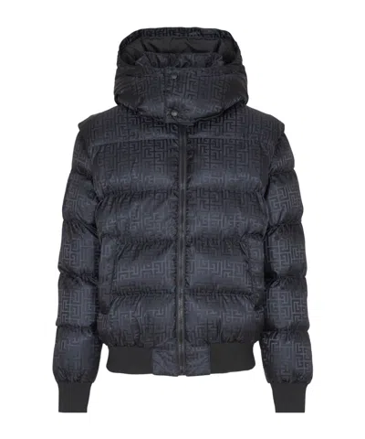 Balmain Short Nylon Jacquard Down Jacket With Black Monogram Men