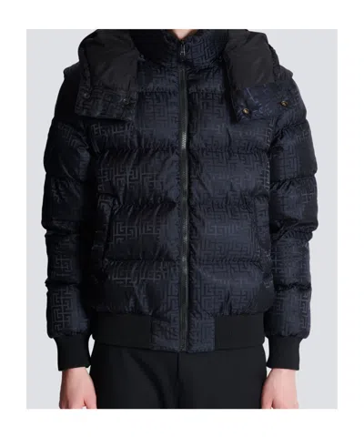 Balmain Short Nylon Jacquard Down Jacket With Black Monogram Men