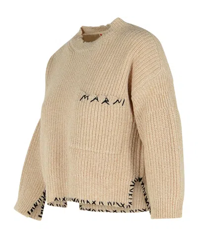 Marni Logo-embroidered Side-split Sweater In Neutral