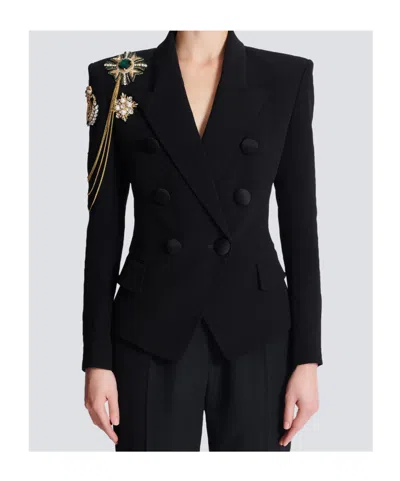Balmain Crepe 6-buttons Jacket With Embroidered Patches In Black
