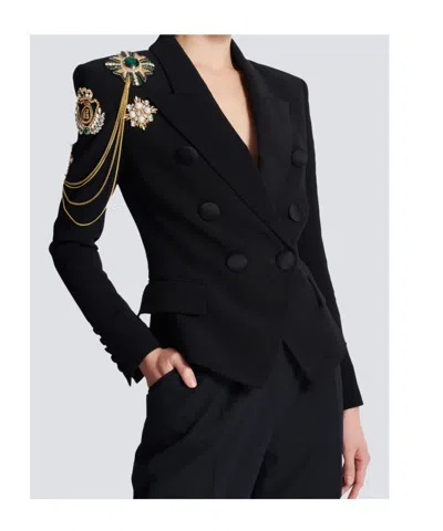 Balmain Crepe 6-buttons Jacket With Embroidered Patches In Black