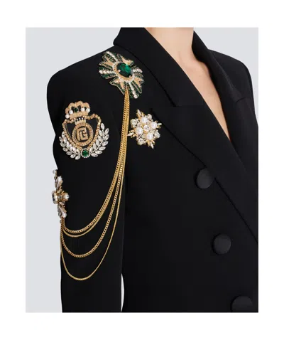 Balmain Crepe 6-buttons Jacket With Embroidered Patches In Black
