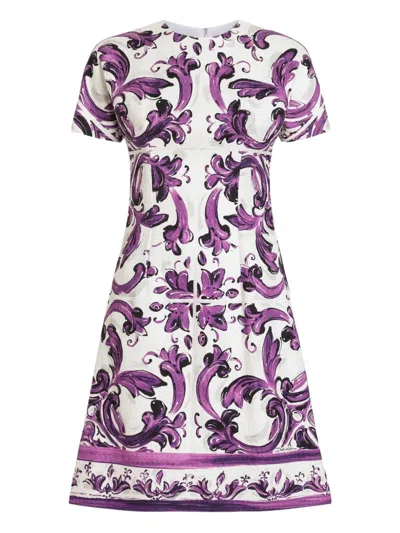 Dolce & Gabbana Short Dress Fitted Waist Floral Pattern In Purple