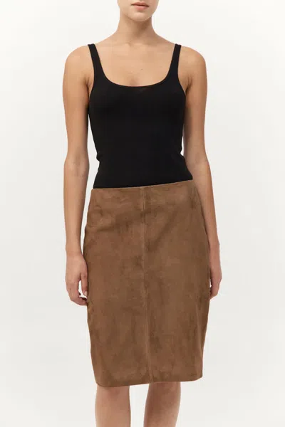 St Agni Tan Pencil Suede Midi Skirt In Brown