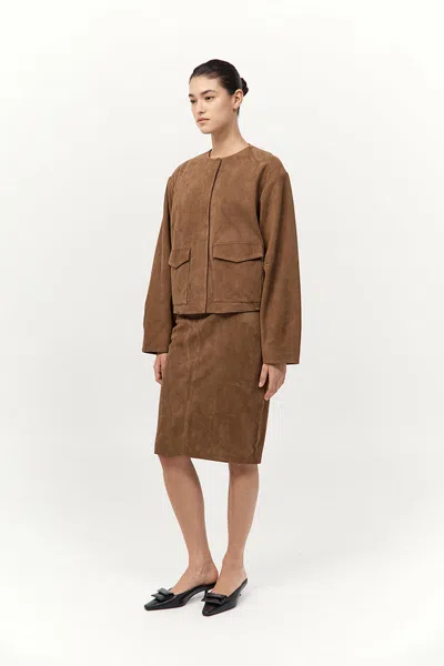 St Agni Round-neck Long-sleeve Casual Jacket In Brown