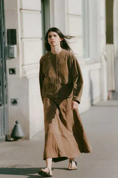 St Agni Round-neck Long-sleeve Casual Jacket In Brown