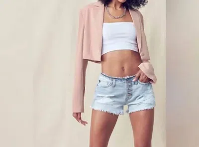 Kancan Low Rise Distressed Button Fly Shorts In Light Wash