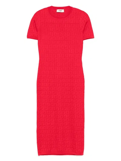 Fendi Women Red Short Sleeve Dress With All-over Ff Motif In Cotton Blend Woman In Multi