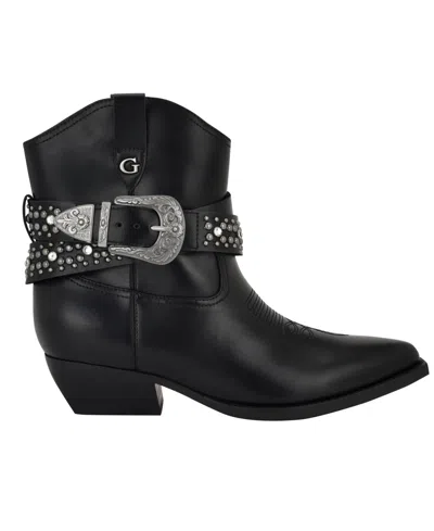 Guess Women's Lansly Embellished Buckle Western Booties In Black