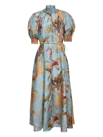 Zimmermann Ascension Billowed Silk Maxi Dress In Blue