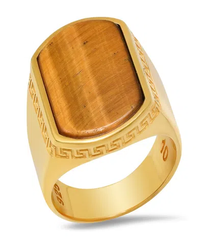 Steeltime Men's 14k Gold Plated And Sterling Silver With Greek Key Accents Tiger Eye Ring