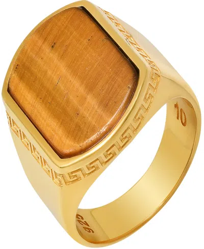 Steeltime Men's 14k Gold Plated And Sterling Silver With Greek Key Accents Tiger Eye Ring
