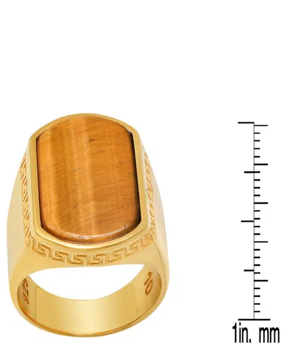 Steeltime Men's 14k Gold Plated And Sterling Silver With Greek Key Accents Tiger Eye Ring