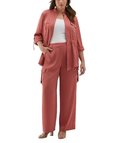 Ella Rafaella Plus Size Drawcord Waist Shine Roll Sleeve Jacket In Pink