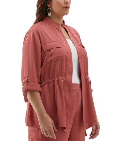 Ella Rafaella Plus Size Drawcord Waist Shine Roll Sleeve Jacket In Pink