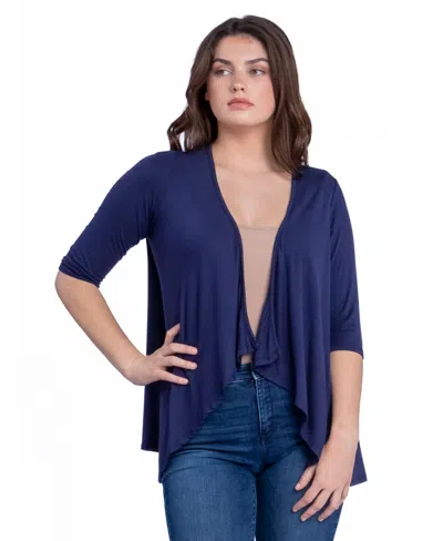 24seven Comfort Apparel Women's Open Front Elbow Length Sleeve Cardigan Sweater In Blue