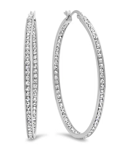 Steeltime Women's Stainless Steel In And Out Simulated Diamond Hoop Earrings